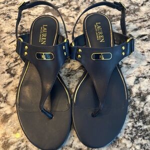 Lauren Ralph Lauren Navy and Gold Leather 
T Strap Sandals size 9